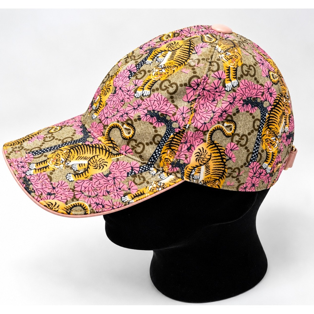 Gucci Bengal Tiger Floral GG Supreme Baseball Cap Pink Leather Hat Italy Rare